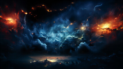 Obraz premium Dramatic landscape of an unknown planet, with high stone mountains, cosmic clouds, smoke, and fire. Dark blue coloring. Generative AI technology.