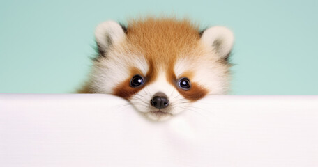 Obraz premium Creative animal concept. Red Panda peeking over pastel bright background. advertisement, banner, card. copy text space. birthday party invite invitation