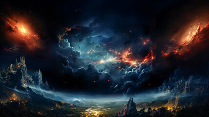 Fototapeta premium Dramatic landscape of an unknown planet, with high stone mountains, cosmic clouds, smoke, and fire. Dark blue coloring. Generative AI technology.