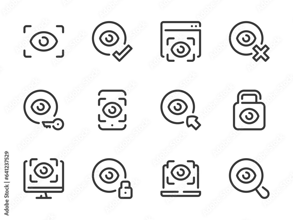 Poster eye scanning and retina recognition vector line icons. authentication and identification outline ico