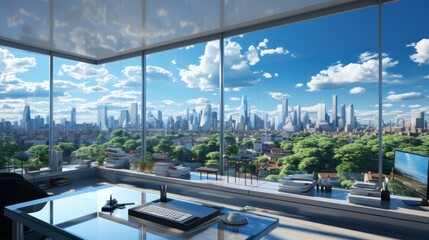 Interior of luxury open space office area in modern building. Glossy floor, large desk with computer, office chairs, huge floor-to-ceiling windows with urban skyscrapers view. Template, 3D rendering.