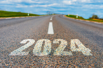 An empty road path end and new year 2024. Upcoming 2024 goals and leaving behind 2023 year. passing time future, life plan change, work start run line, sunset hope growth begin, go forward concept.