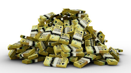 Big pile of stacks of 50 Australian dollar notes a lot of money over transparent background. 3d rendering of bundles of cash