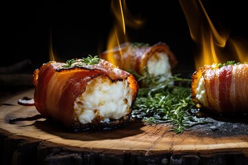 A close-up of bacon wrapped cheese balls on a wooden cutting board with herbs.