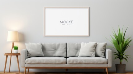 Front view of a modern minimalist scandi living room. White wall with poster template, comfortable couch with cushions, plant in pot, floor lamp. Home decor. Mockup, 3D rendering.