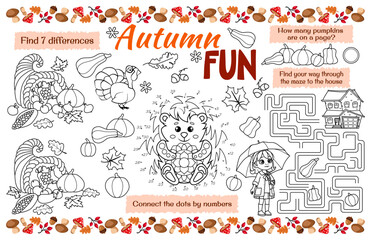 Festive placemat for kids. Printable sheet "Autumn fun" with a labyrinth, connect the dots, and a coloring page. 17x11 inch printable vector file