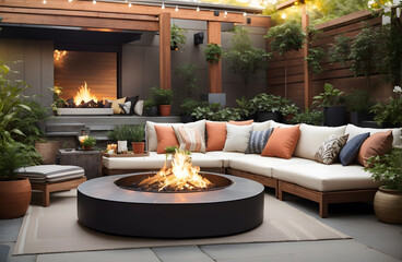 Stay warm and cozy on cool evenings with our self-contained fire pit. family room to relax at night outdoors - Powered by Adobe