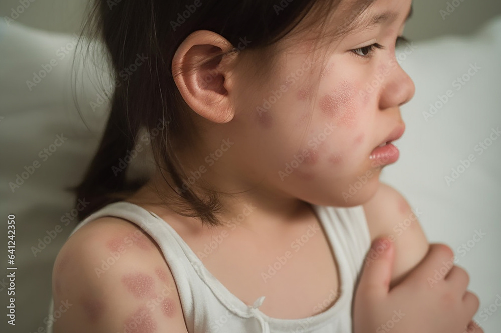 Sticker little girl with a rash on her body from allergies