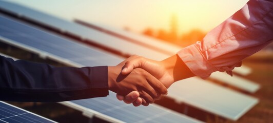 solar plant, solar panel, clean energy hand shake, ai