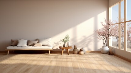 Aesthetic minimalist composition of japandi living room interior. Long wooden bench with cushions, decorative vases, exotic plant in a pot, wooden floor, large windows. Home decor. Template.