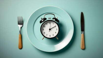 Concept of intermittent fasting: showing an empty plate and a clock behind - obrazy, fototapety, plakaty