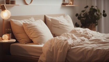 Concept of sleep hygiene: cozy bed with soft pillows in a cozy bedroom