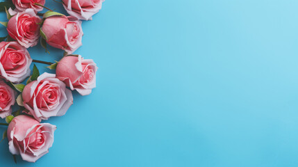 Flowers composition. Rose flowers on blue background