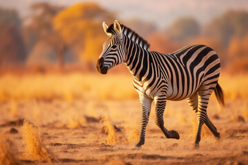 Zebra running through the savanna, generative ai