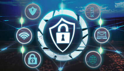 protection of the world, composition integrates recognizable online icons with a shield, underscoring the need for protection and vigilance in the digital realm,wallpaper. Png, Ai Generate 