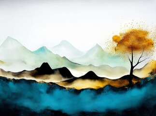 Abstract Landscape: Mountain Ink Painting with Gold Accents. Generative AI.