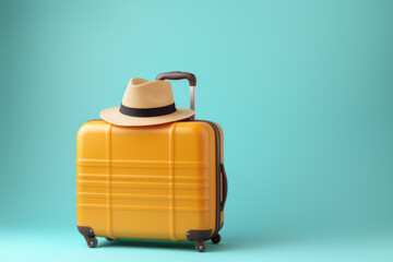 Obraz premium Packed yellow suitcase with travel straw hat on pastel green background. Summer travel concept