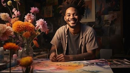 African american artist painting on canvas in art studio with flowers.