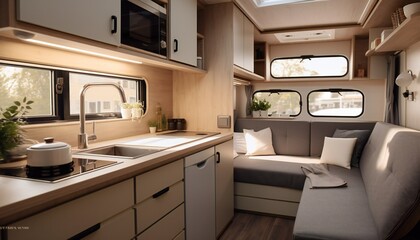 Cozy kitchen interior in the trailer of a mobile home