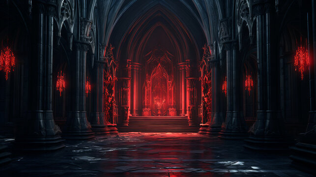 red light at the altar of the dark gothic cathedral