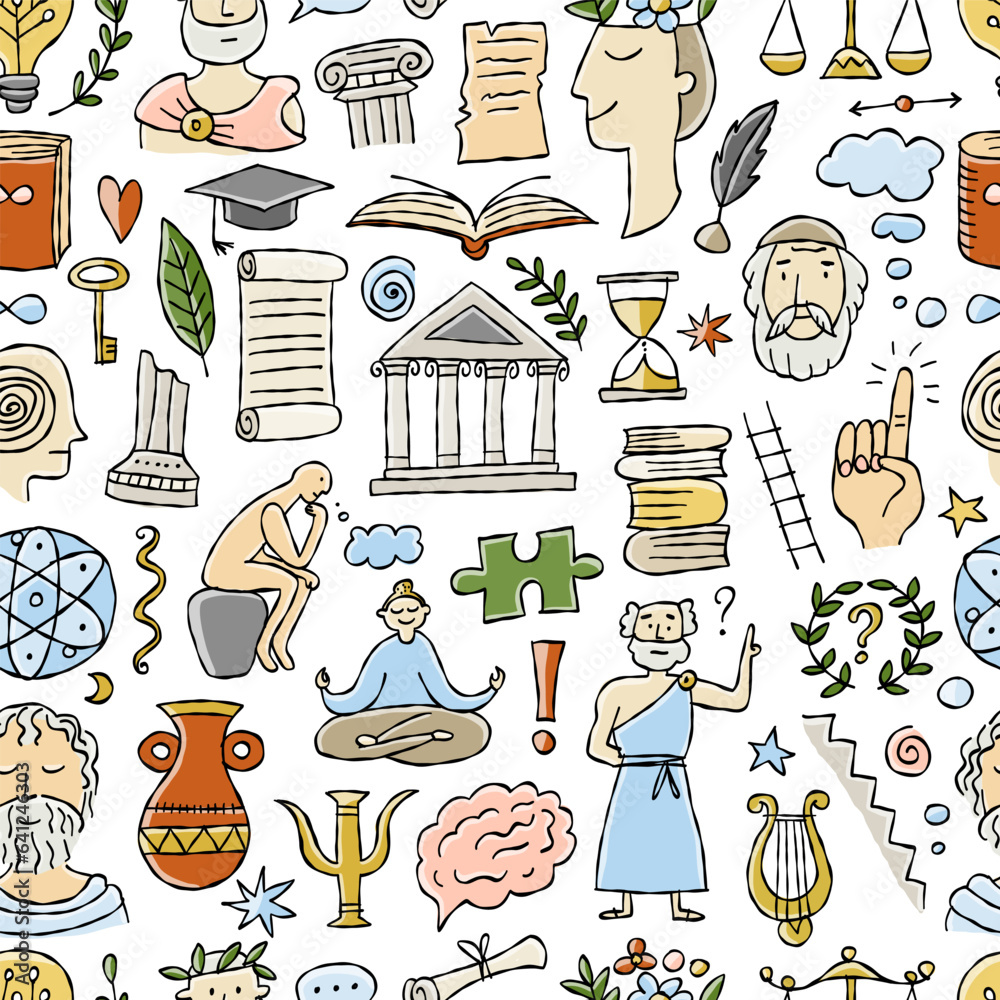 Poster philosophy concept art, hand-drawn philosophers and elements. seamless pattern background for your d