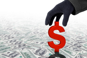 Hand in glove with 3d dollar sign on money background