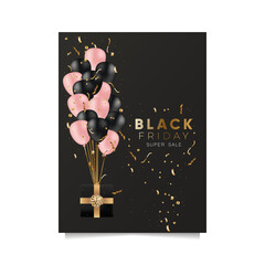 Black Friday sale banner with confetti, black and pink balloons holding a gift box. Dark background, golden text