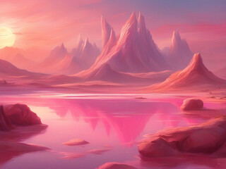 fantasy pink desert landscape with lake 