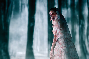 zombie in white dress black long hair ghost zombie with a forest background