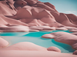 fantasy pink desert landscape with lake 