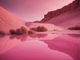 fantasy pink desert landscape with lake  - 641247983