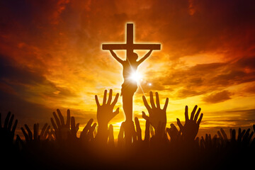 Christians raising their hands in praise and worship to Jesus Christ - obrazy, fototapety, plakaty