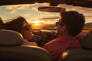 Couple enjoying the sunset in their convertible while driving, sunrays shine upon them, Man and woman in sunglasses back view traveling in a vintage car. Creative concept of a romantic tour for two