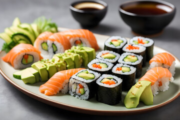 Japanese food composition. Various kinds of sushi placed on black stone board. Spicy kimchi salad, wontong soup, chopsticks and soy souce bowl