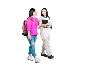 Fototapeta premium College friends walking and talking, having break after classes