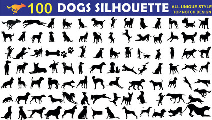 Dog Silhouette Vector Illustration - 100 Unique Breeds in Various Poses. Perfect for pet lovers, animal-themed designs, and more. High-quality, 100% vector design - obrazy, fototapety, plakaty