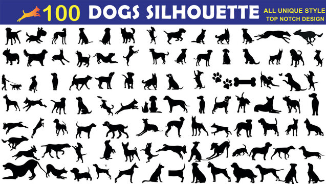 Uma coleção de silhuetas de cães em várias poses e raças. Perfeito para amantes de animais, veterinários ou adestradores de cães. animal, canino, doméstico, fofo, amigável, leal, companheiro. 