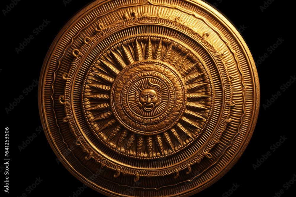 Poster An image showcasing an abstract representation of the Sumerian sun disc, with radiating lines and warm, golden hues.  Generative AI technology.