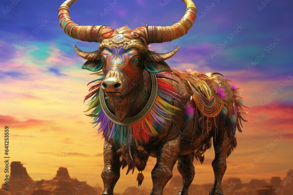 Poster an abstract depiction of the mythical bull of heaven from sumerian mythology, with powerful forms an