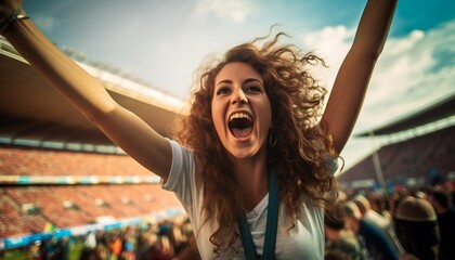 Excited female fan cheering at Women's Soccer World Champion - obrazy, fototapety, plakaty