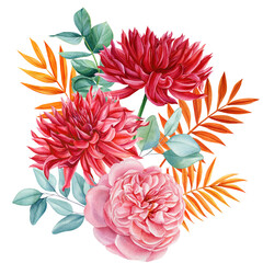 Flower bouquet isolated on white background for decoration. dahlia and autumn orange leaves, watercolor hand drawing