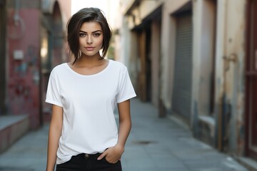 Generative AI, Realistic white T-Shirt mock up blank put on young pretty woman, copy space for presentation advertising. Blank business concept	 - obrazy, fototapety, plakaty