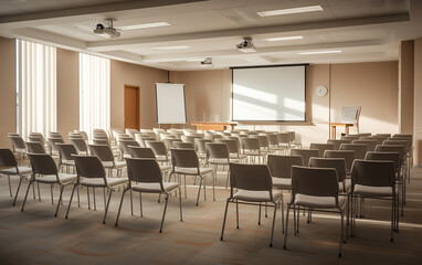 A well-organized conference room with chairs, tables, and presentation equipment