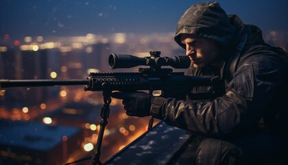 Experienced sniper on the building roof in the city, ultra sharp and realistic - obrazy, fototapety, plakaty