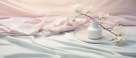 Fototapeta na wymiar Capture the essence of a spring morning: soft, fluid silk contours bathed in pastel hues, rendered in a flat lay perspective. Cosmetic, fashion, event, voucher card, spa, relaxing background graphics.