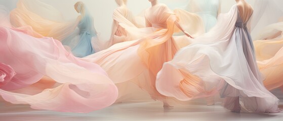 Ethereal pastels gently unfolding across fluid silk; imagine a ballet of colors choreographed in a flat lay spectacle. Unique wedding, fashion, glamorous or jewellers background. Wallpaper texture. 