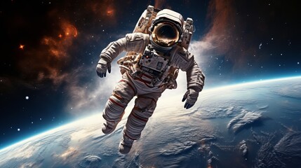 Fototapeta premium Reflections of stars, a galaxy, a purple and blue nebula, and galaxies in an astronaut's helmet while he is in space.