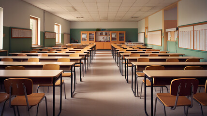 An image of a neatly arranged classroom with rows of desks and chairs