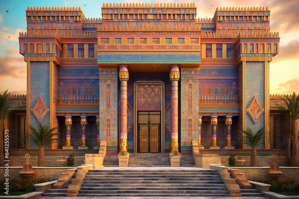 Aufkleber An image featuring abstract representations of Mesopotamian royal palaces, with geometric shapes and regal colors. Generative AI technology.