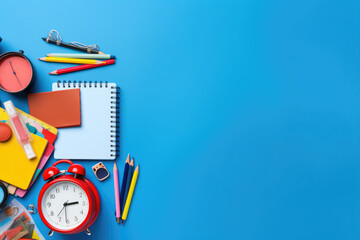 Back to school concept. Colorful stationary on blue background. Backpack with school supplies. Top view. Copy space